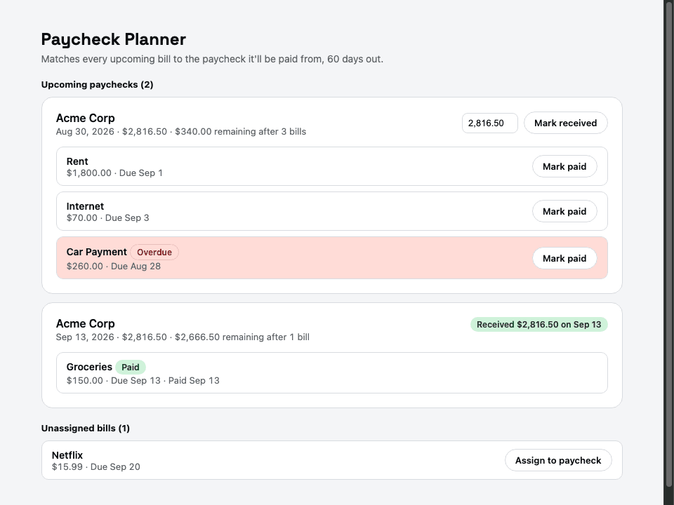 Paycheck Planner screen showing every bill, matched to a paycheck